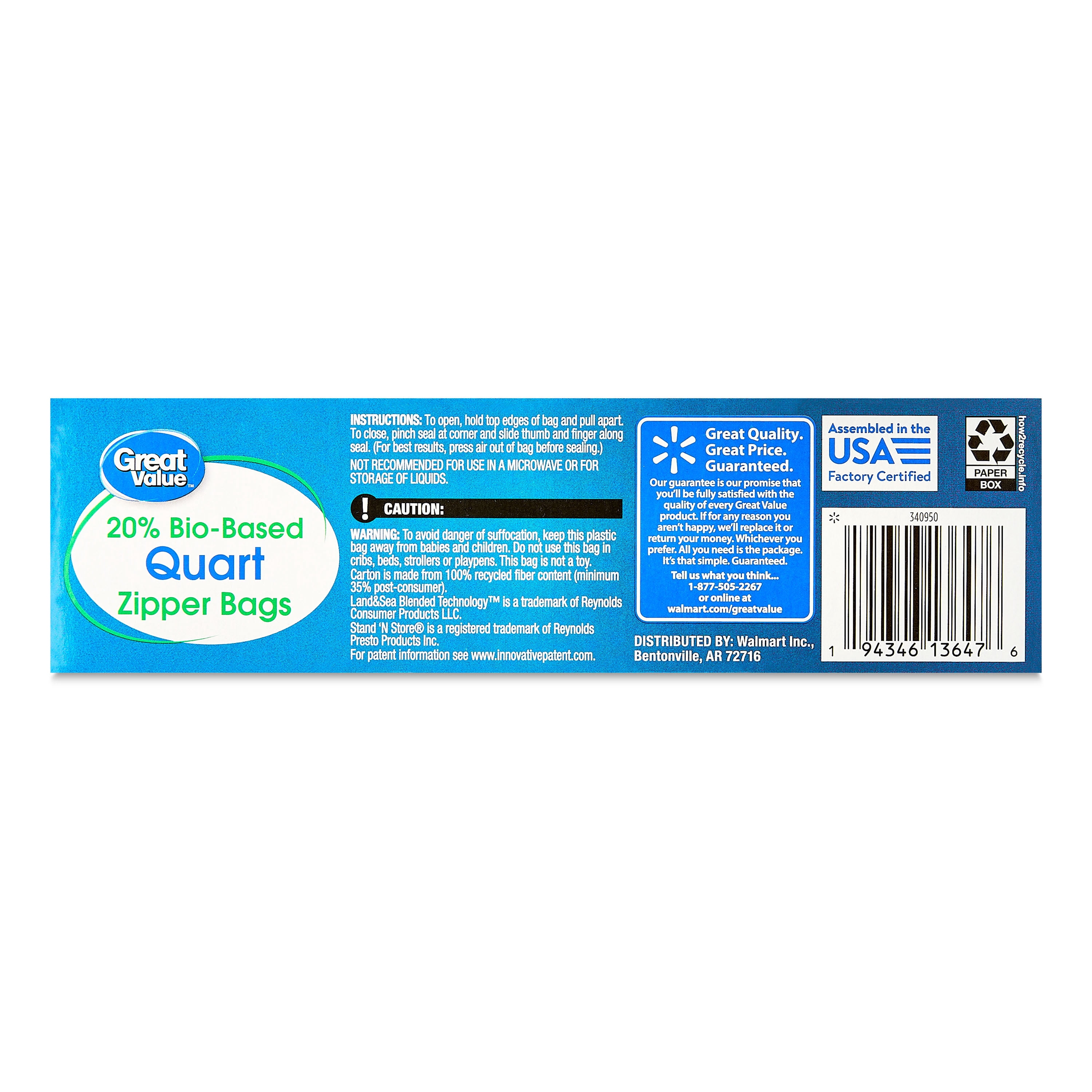 (3 pack) Great Value Clear Reclosable Double Zipper Quart Bags, Made with Bio-Based Materials, 25 Count