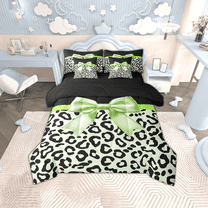 Erosebridal Dreamy Bow Bed in a Bag Twin size, Cheetah Print Comforter Sets with Sheets, Green Black, Reversible 7pcs