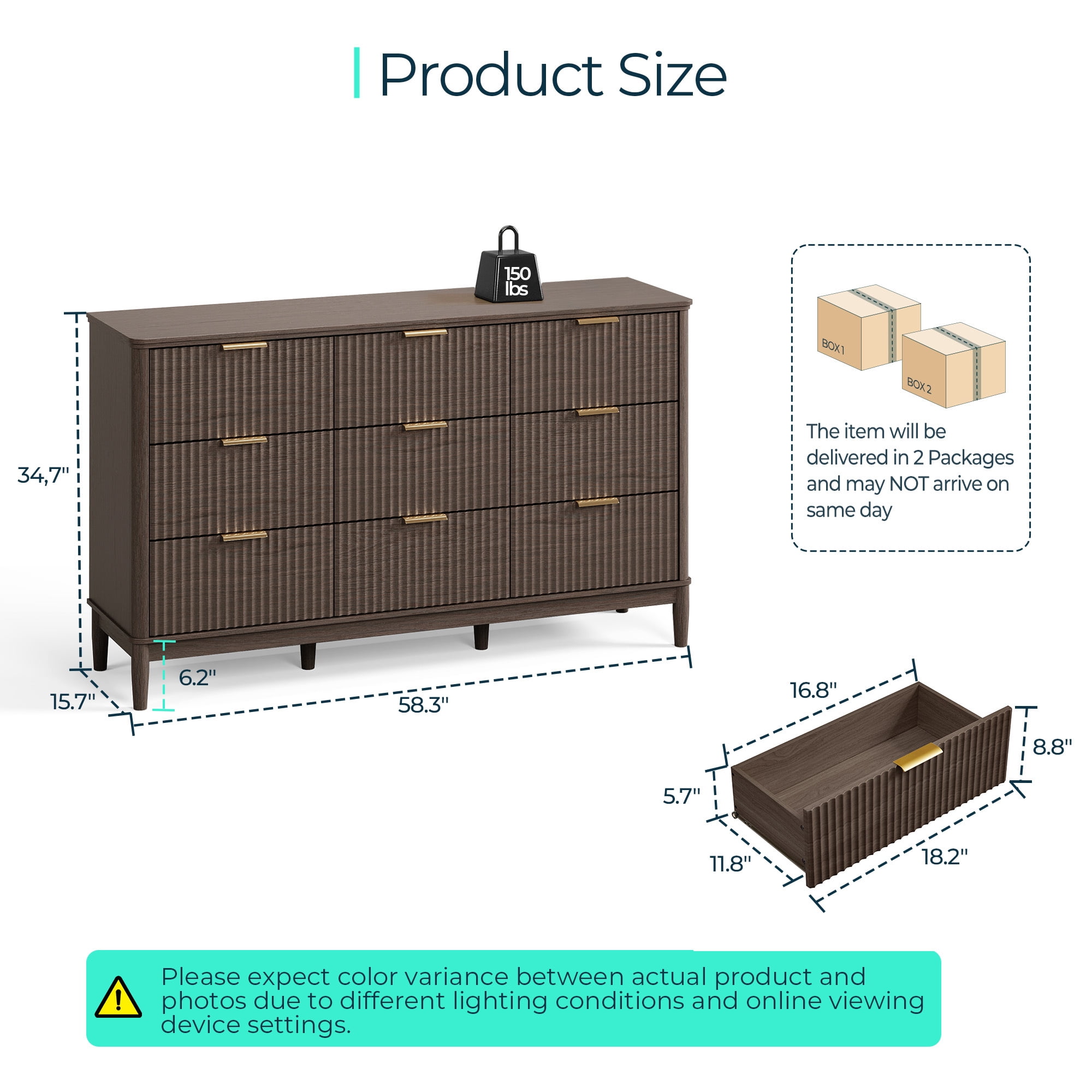 Linsy Home Oversized Fluted Dressers for Bedroom, Wide Chest of 9 Drawers, Dark Brown