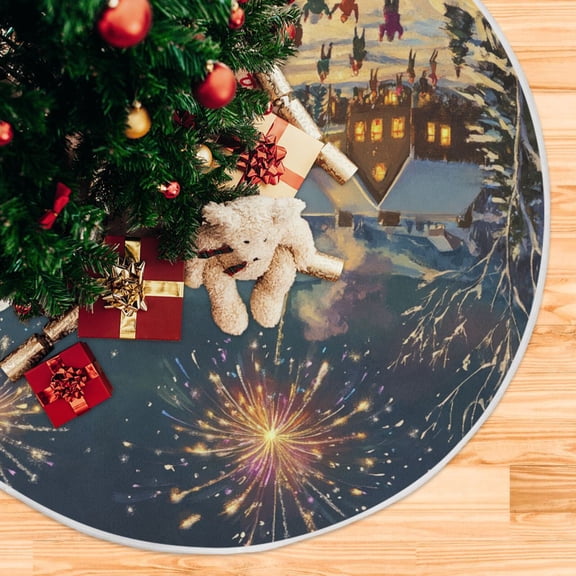Snow Fireworks Blooming Christmas Tree Skirt 48 Inch Winter Xmas Tree Mat for Home Party Holiday Decorations