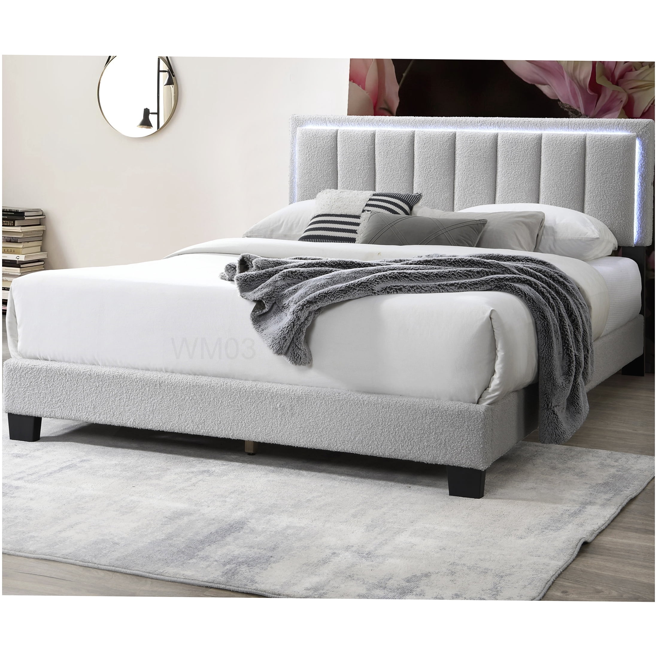 Modern Light Gray Upholstered Queen Bed with LED Lights, Channel Tufted Headboard Platform Bed Frame, No Box Spring Required