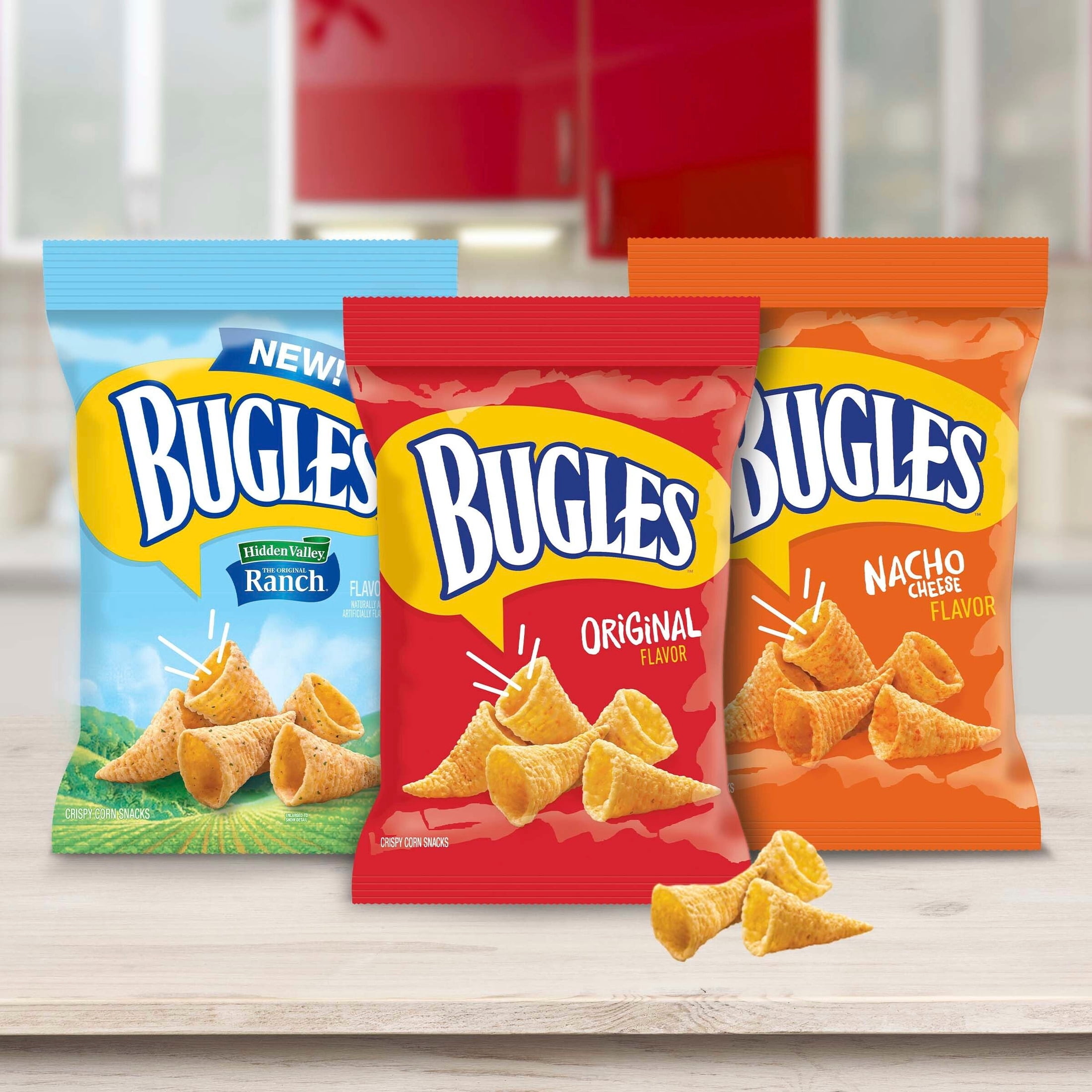 (3 pack) Bugles Crispy Corn Snacks, Hidden Valley Ranch Flavor, Snack Bag, 14.5 oz