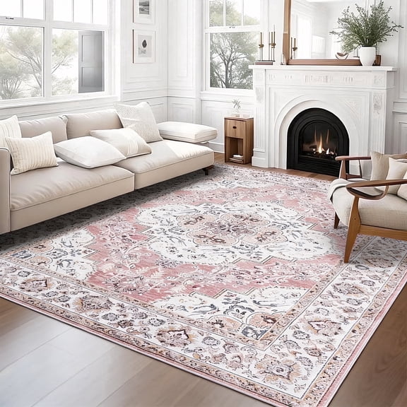 Wondiair 5'x7' Vintage Persian Rug in Rose Pink – Non-Slip & Machine Washable, Soft Faux Wool for Living Room & Bedroom