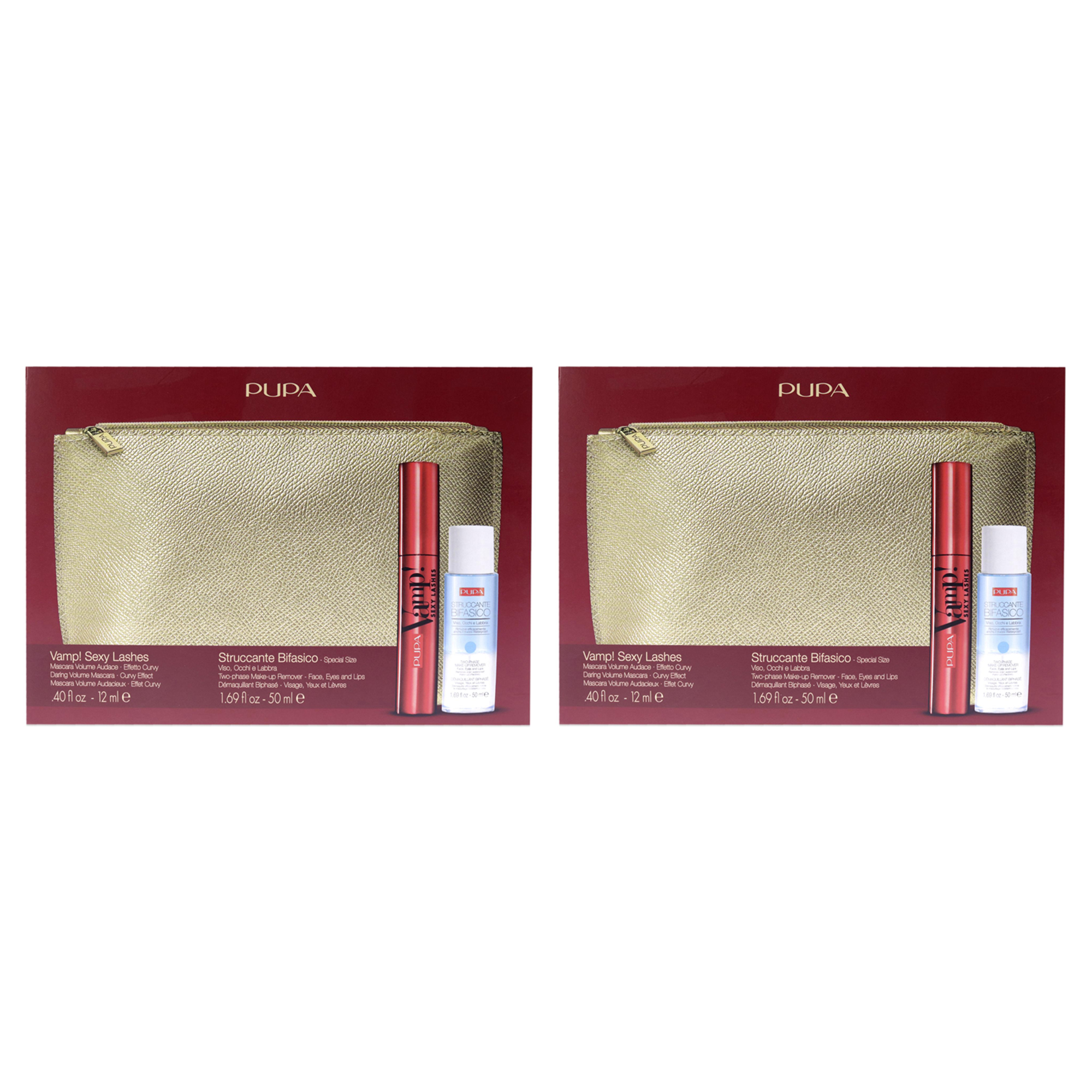Pupa Milano Vamp! Sexy Lashes and Two-Phase Make-Up Remover Set - Pack of 2 - 3 Pc 12ml Vamp! Sexy Lashes - 011 Sexy Black, 1.69oz Two-Phase Make-Up Remover, Beauty Bag
