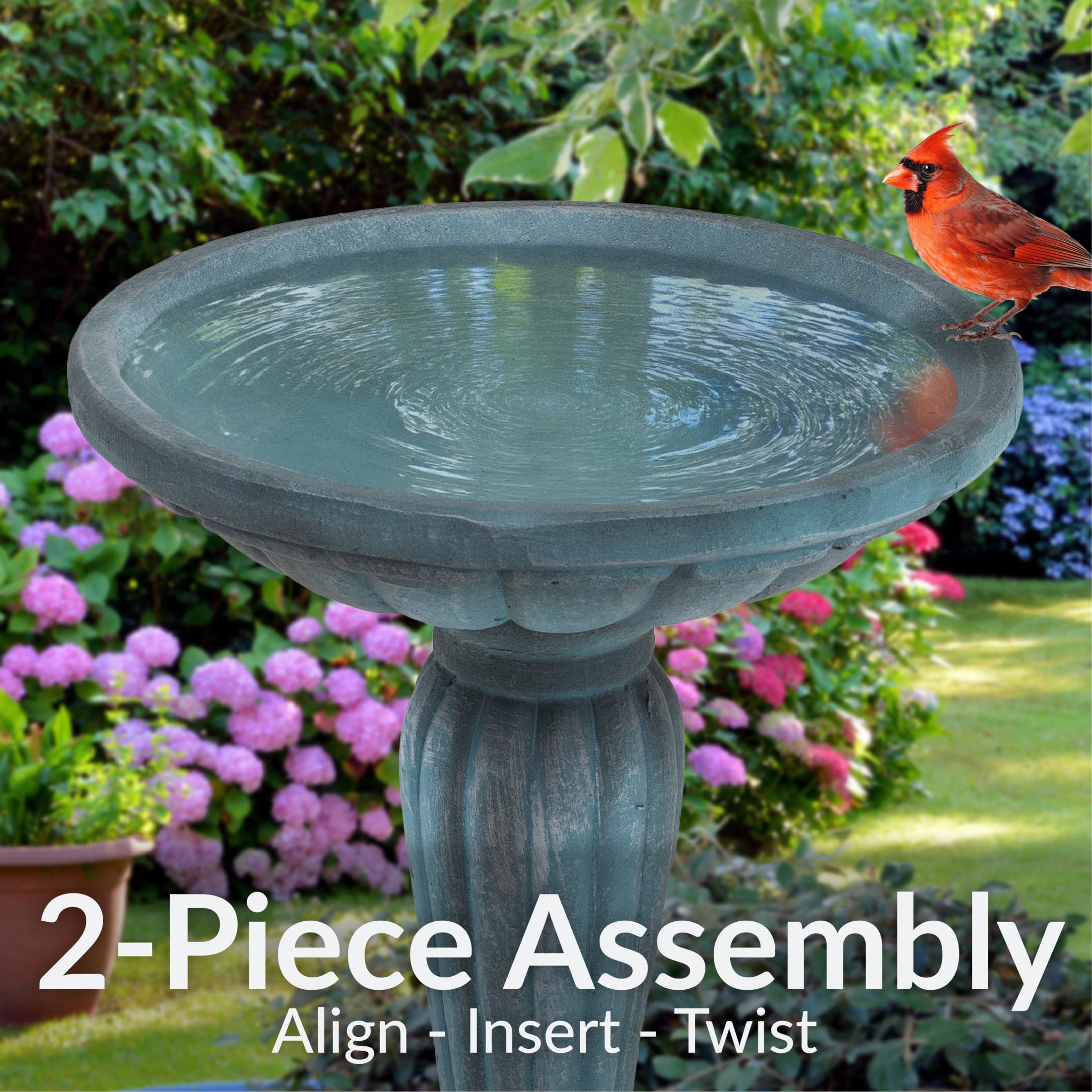 Sunnydaze Grecian Column Freestanding Glass Fiber Reinforced Concrete Outdoor Bird Bath, Green