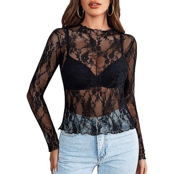 WULMLEO Women's Lace Long Sleeve Tops, Mock Neck Sheer Mesh Top, See Through Floral Lace Tops, Party Club Night Blouse Shirts Black XL
