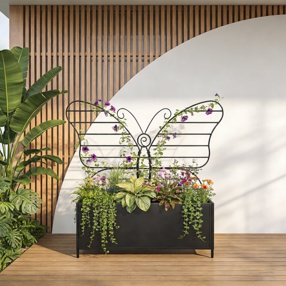 38.2"H Elevated Metal Planter Box with Butterfly-Shaped Trellis & Drainage Hole for Climbing Plants ,Black