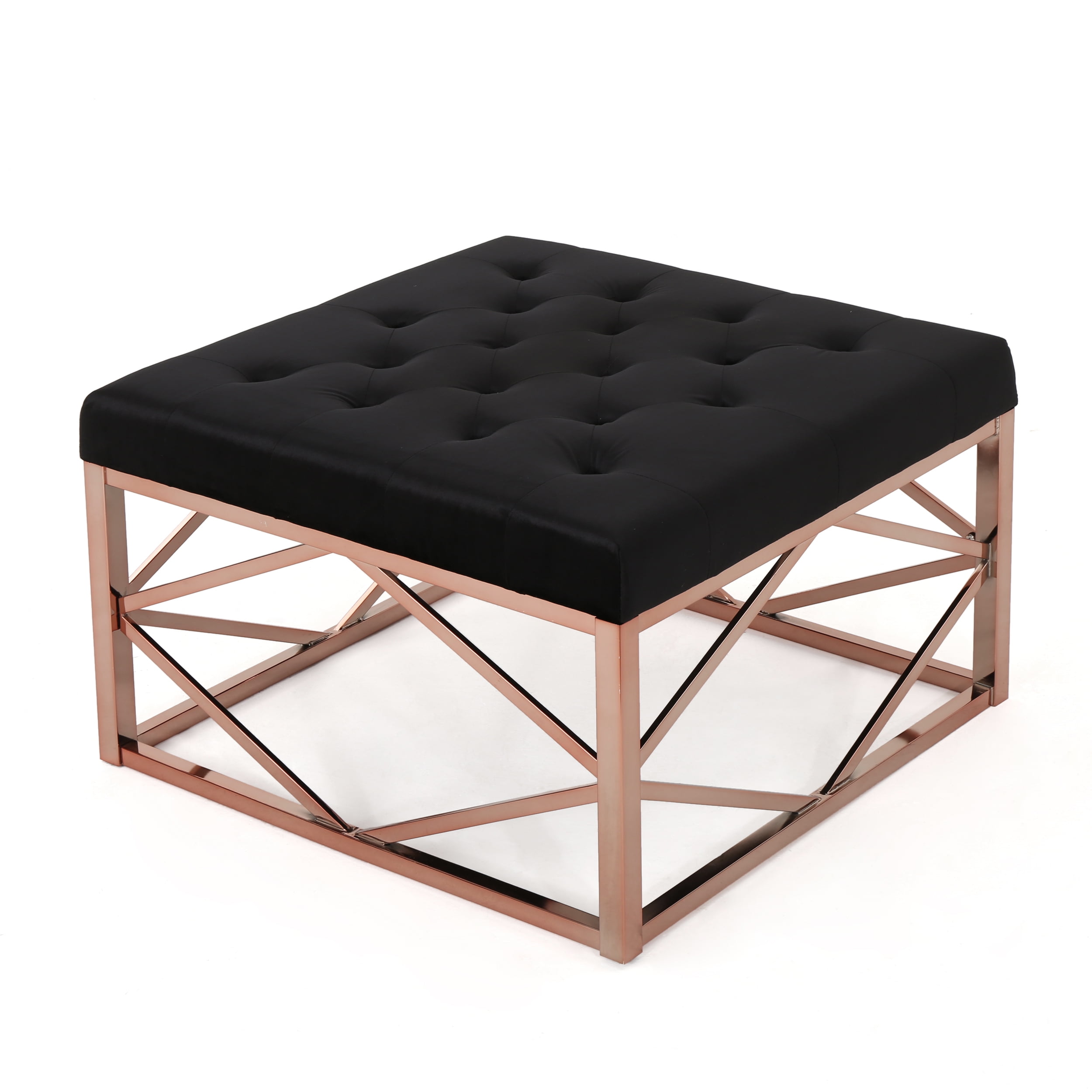 Talia Modern Glam Tufted Velvet Ottoman with Steel Frame, Black and