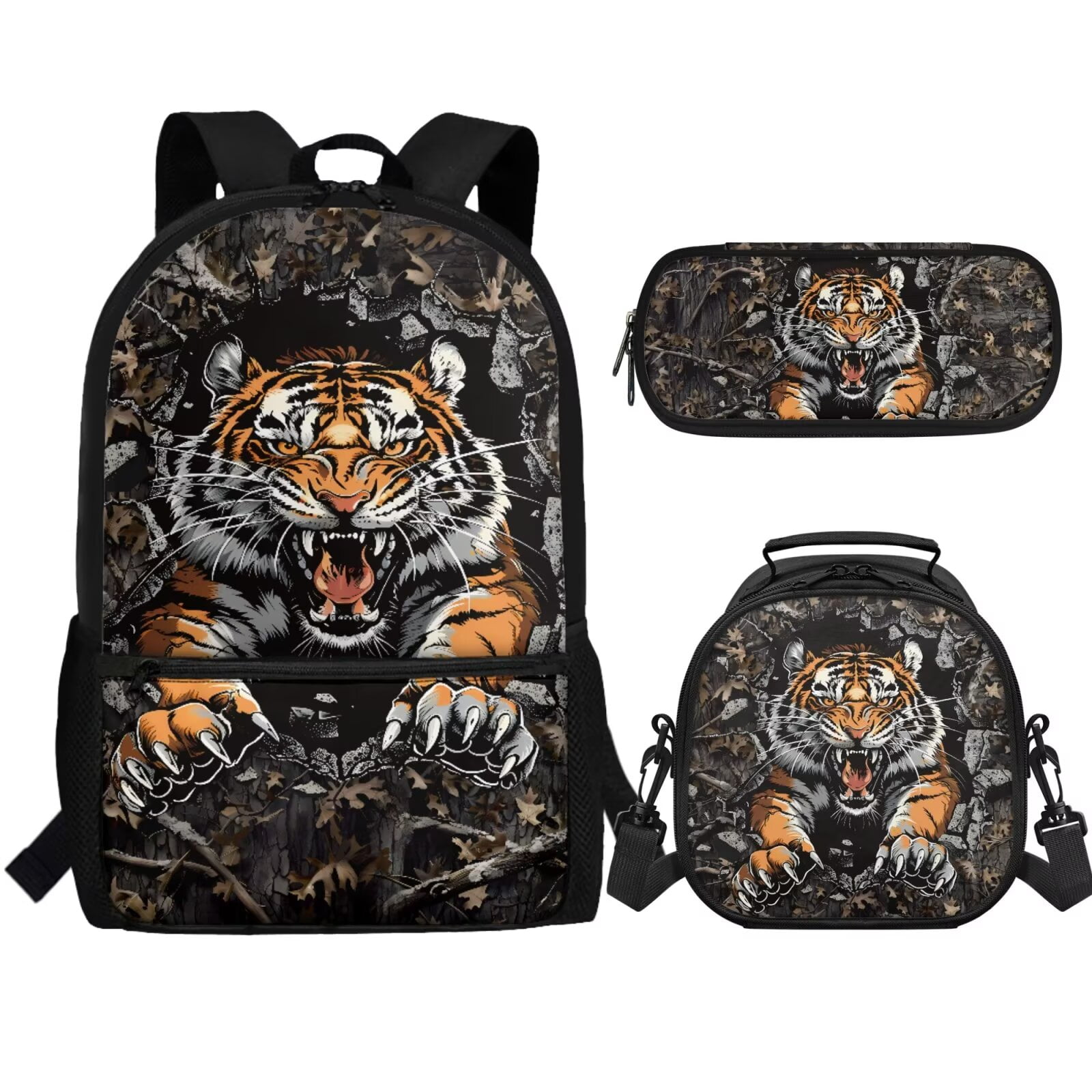 Binienty Tiger School Backpack for Boys 8-12 Lightweight Boys Bookbag with Lunch Box and Pencil Case 3 In 1 Kids Back to School Gifts
