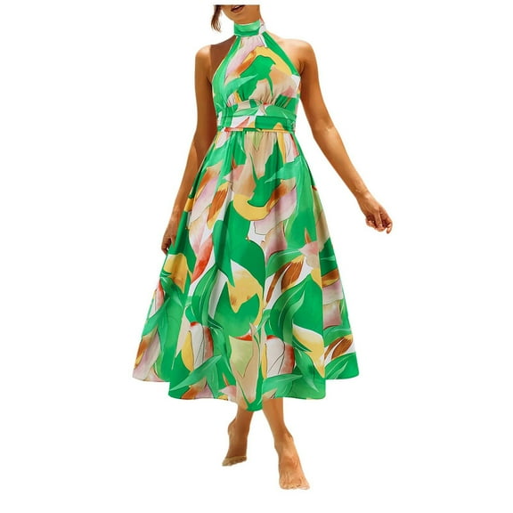 Sleeveless Long Dress for Women Boho Halter Maxi Sundress Casual Loose Dresses Split Cover Up Gown