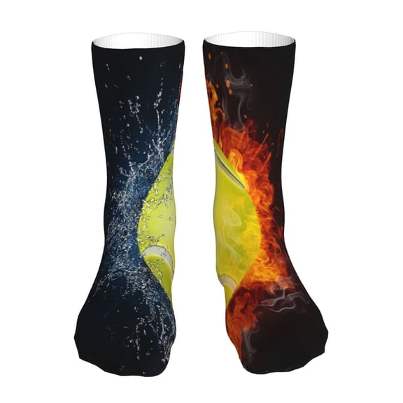 Bingfone Tennis Ball In Fire And Water Prirnt Women's Men's Fun Pattern and Solid Crew Socks-1 Pair Pack-Cool & Classic Novelty Design Gifts