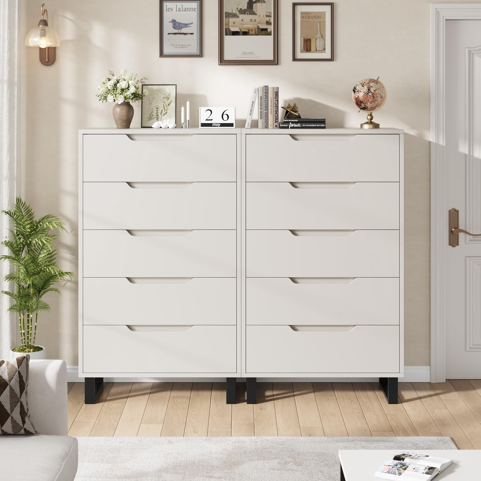 Kicctian 5-Drawer Dressers for Bedroom –Wooden Tall Dresser & Chest of Drawers Entryway Cabinet for Living Room,White