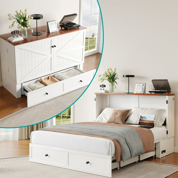 BALUS Queen Size Murphy Bed Queen with Storage, Folding Bed with Mattress Included Charging Port, Wood,  White