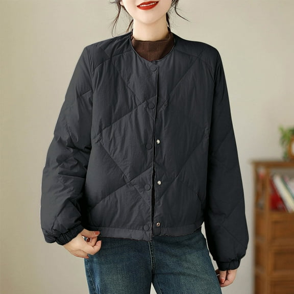 Fartey Oversized Winter Coats for Women Lightweight Quilted Puffer Jacket Solid Color Long Sleeve Jackets with Pockets Round Neck Button Up Outerwear Coat