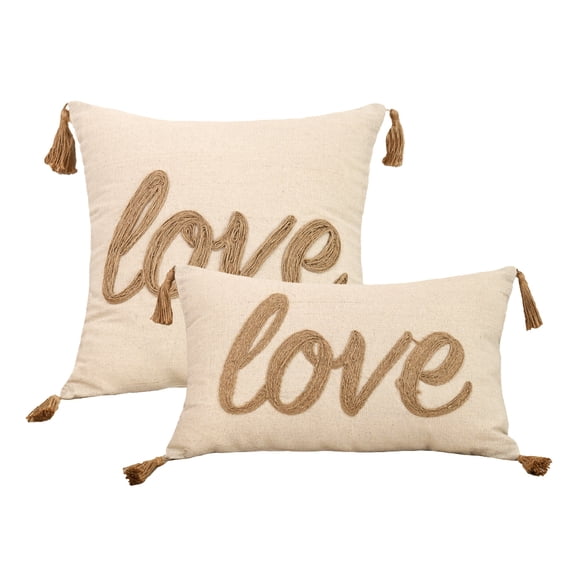 BUYNOW Beige Hemp Rope Embroidered Tassles Pillowcase Decorative Boho Leaves Cushion Cover for Sofa Bed Livingroom Home Decor