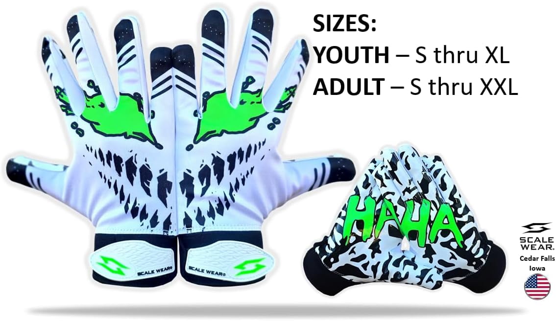 Scale Wear Design Toxic Venom Football Receiver Gloves - Tacky Sticky Grip Skin Tight Adult Pro Elite Super Performance Youth Man Boy Men Sizes (White-Green, Adult - S)