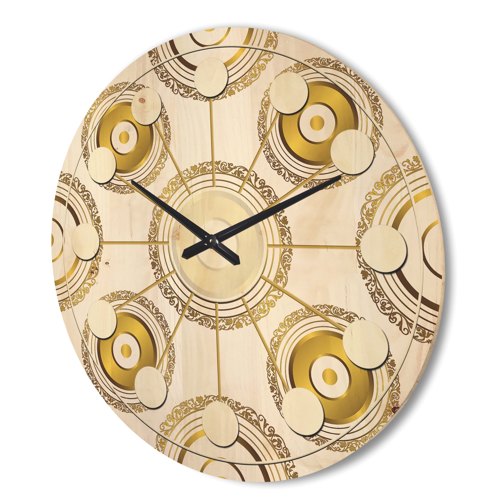 Designart 'Circular Golden Retro Pattern I ' Mid-Century Modern Wood Wall Clock