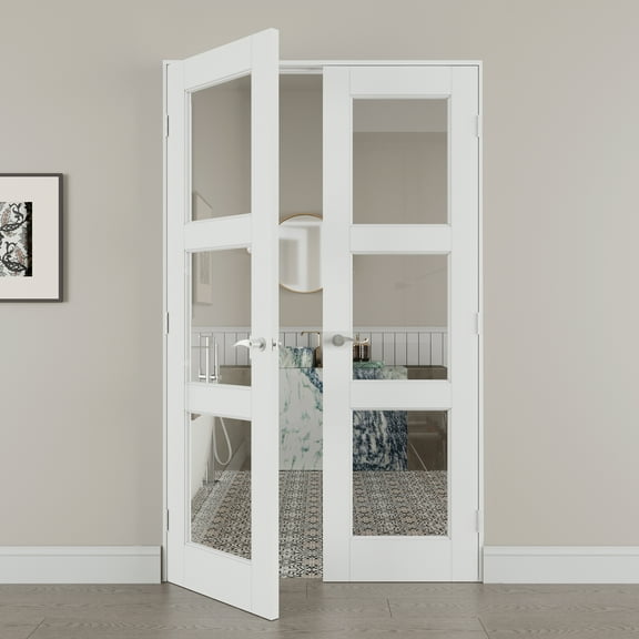 36" x 80" 3 Panel Clear Glass Double Doors with French Door Ready-to-Assemble Jamb, Solid Door, Silver Levers & Hinges, Interior Door, Pre-finished & Paintable, White