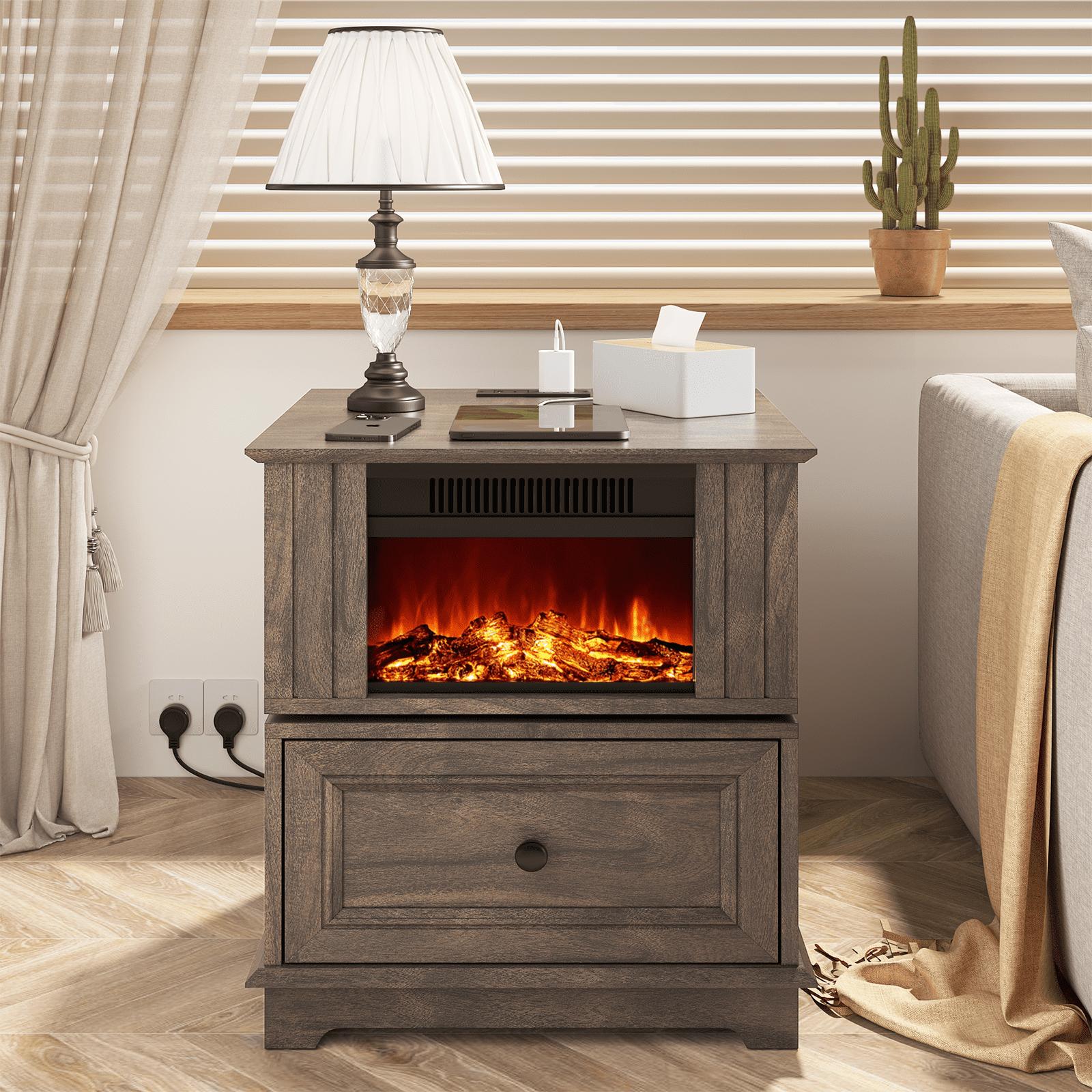 REDAYFUR Rotating End Table with 13" Electric Fireplace Screens, Side Table with Fast Charging Station, 1400W Fireplace Wooden Side Table for Living Room|Bedroom|Office, Brown
