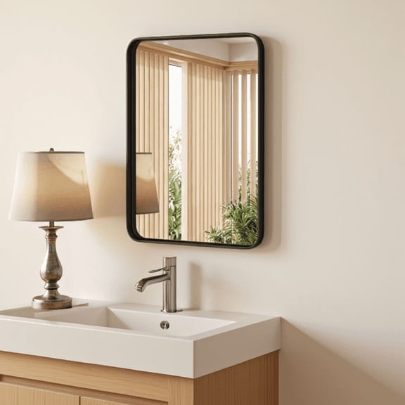 24x30 Inch Anti-Fog Bathroom Wall Mirror, Shatter-Resistant Rectangle Metal Framed Mirror in Black