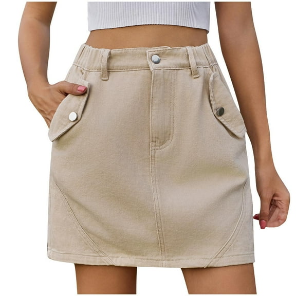 Mrat Skater Skirts Women's Denim Workwear Pocket Skirt Casual Drawstring Elastic Waist Short Skirt Athletic Skirts Women S-66 Khaki XXL