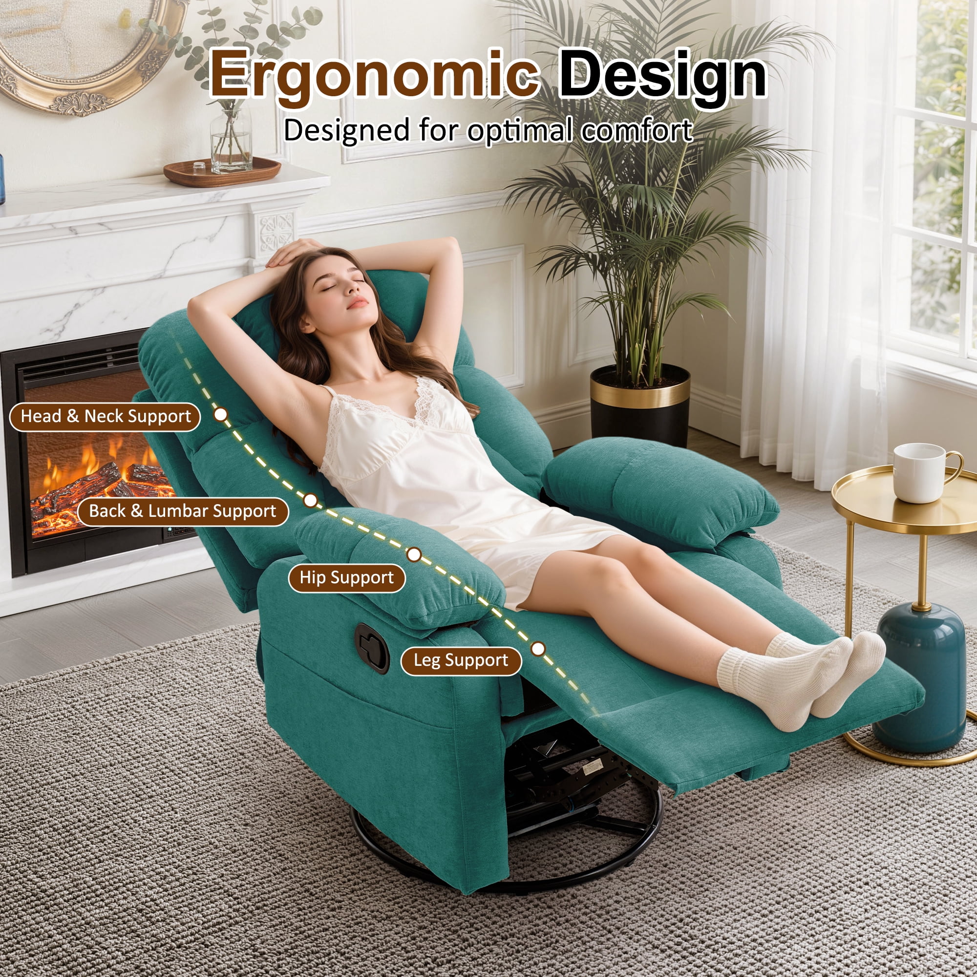 GEEYOO Swivel Rocker Recliner Chair for Adults,360°Swivel Nursery Recliner with Side Pockets,Small Recliner Chair for Small Spaces for Living Room,Linen,Green