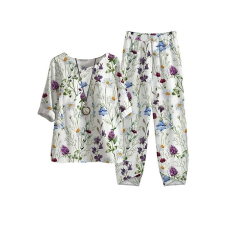 

Sexy Dance Women Nightwear 1/2 Sleeve Sleepwear Floral Printed Loungwear 2 Piece Outfits Pajamas Daily Wear Lounge Sets White 2XL