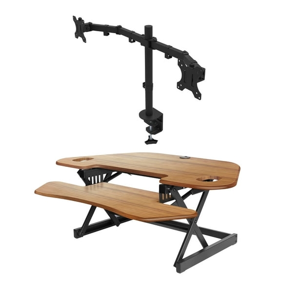 Rocelco Adjustable Standing Desk Converter, Teak & 30 In Dual Monitor Stand
