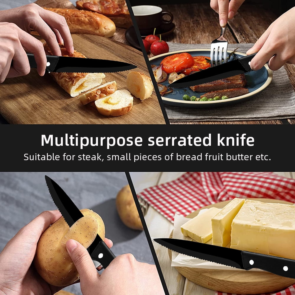 Steak Knives Set of 8,Sharp Serrated Dinner Knife Kitchen Cutting Knife for Meat Cheese Stainless Steel Black Knife Cutlery Set Dishwasher Safe
