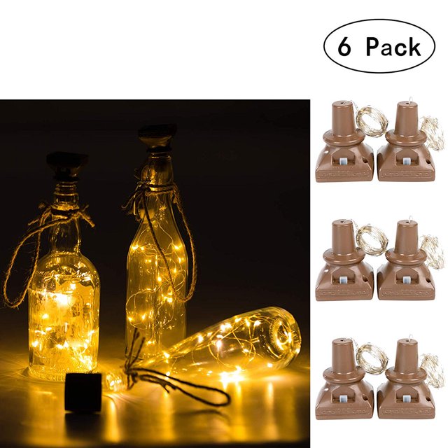 Luces de botella de vino con energía solar, 6 paquetes de 20 LED Leyfeng Luces cuadradas de corcho