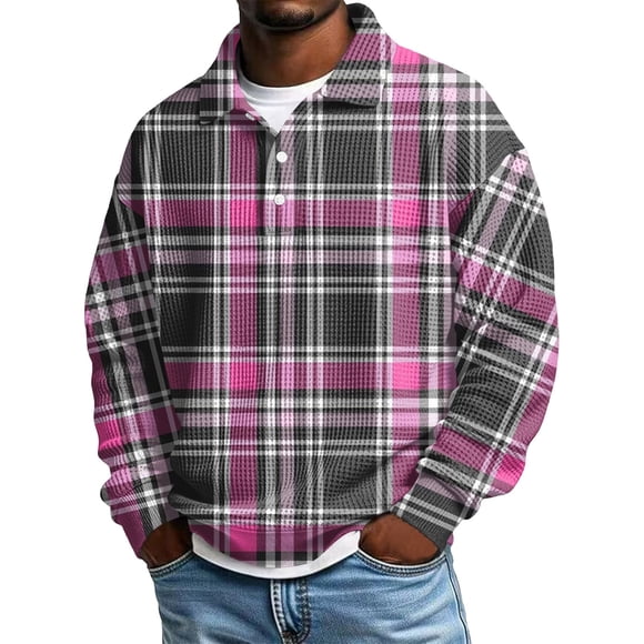 Adult Mens Polos Shirt Long Sleeve Button Tee Shirt Loose Fit Purple Mens Work Shirts