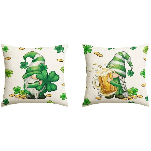 Sm:)e Saint Patricks Day Pillow Covers Set of 2, 18x18Inch Gnome Green Shamrocks Lucky Clover Outdoor Cushion Case for Sofa Couch