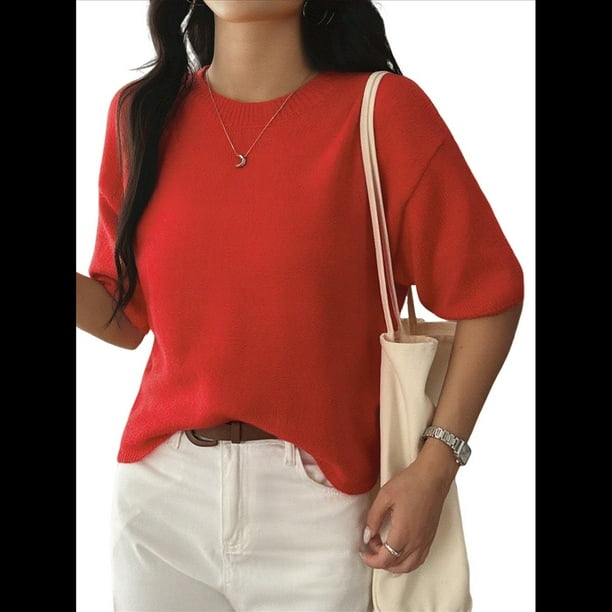 Suéteres de Verano para Mujer, de Corta, Cuello Redondo, Ligeros, Holgados, Elegantes, Informales, Tipo Blusa Rojo XL