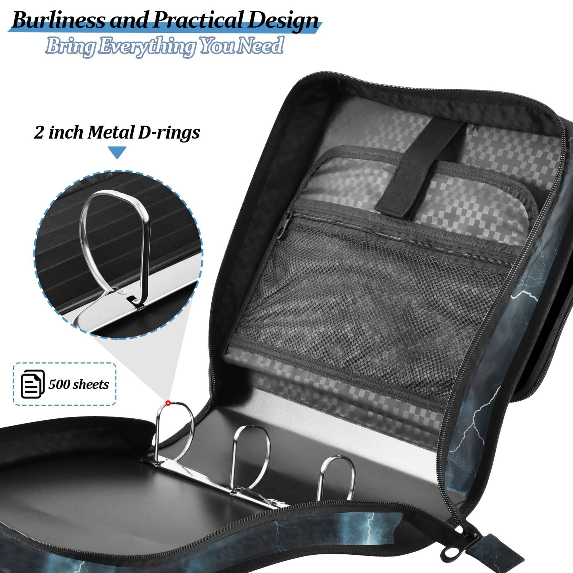 FORMRS Zipper Binder with Shoulder Strap 2-inch Ring 500 Sheet Capacity File Bag, Lightning Pattern