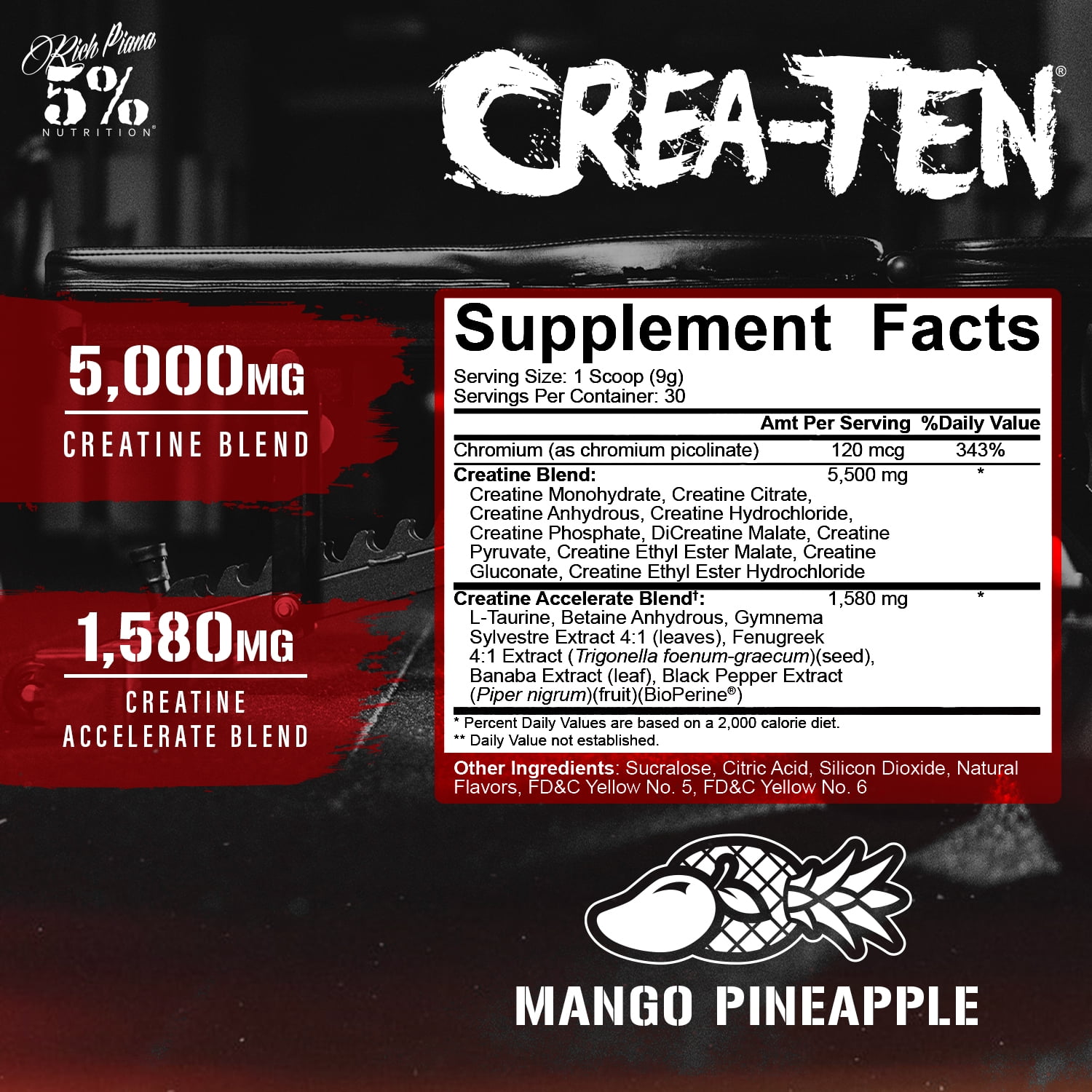 5% Nutrition CreaTEN Flavored Creatine Powder Supplement for Muscle Gain Max Power Strength Endurance and Recovery (Mango Pineapple)