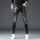 thumbnail image 2 of Pantalones vaqueros para hombre, rotos, rotos, con estampado, ajustados, estilo grunge, Y2k, con agujeros, ajustados, con parches, corte entallado, tallas XS, 2 of 5