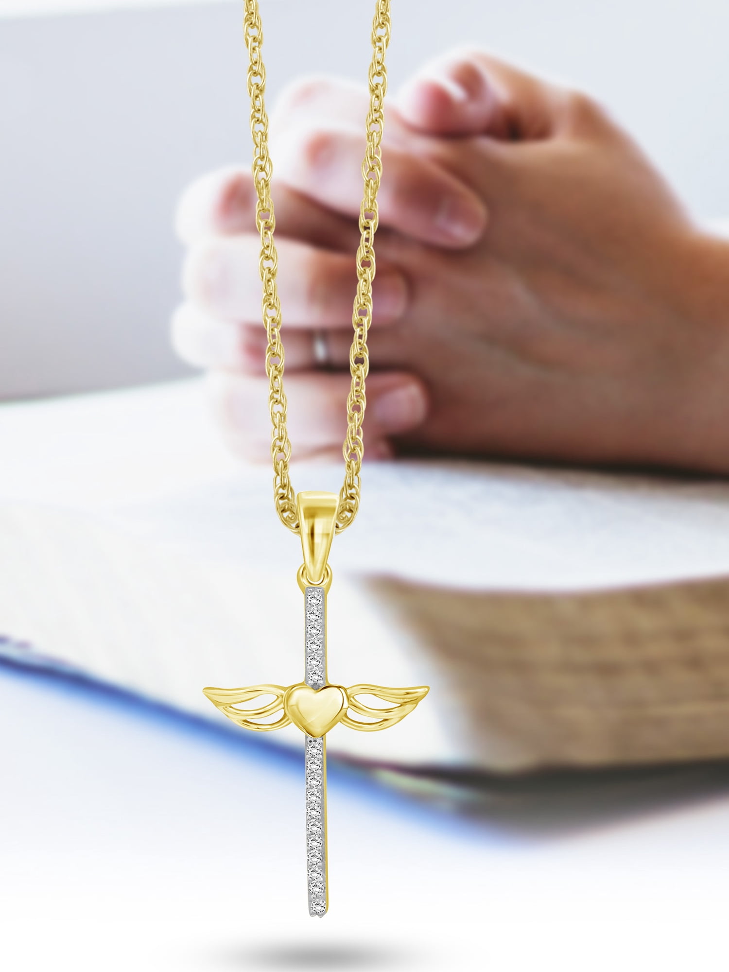JewelersClub Diamond Cross Pendant Necklace for Women | 14K Gold-Plated Silver