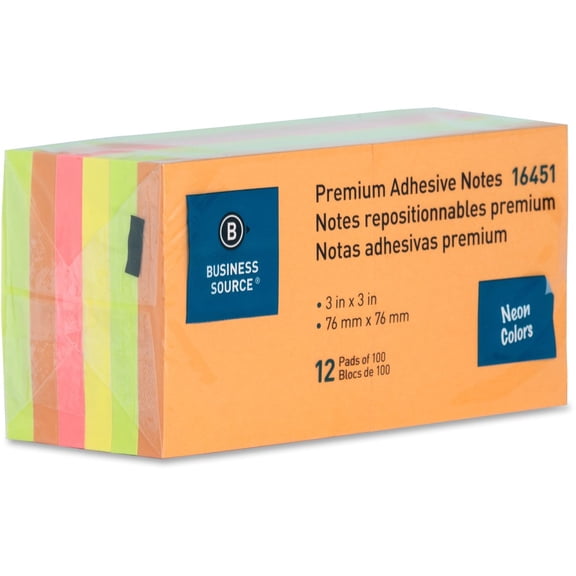 Business Source Repositionable Neon Notes - 3" x 3" - Square - Neon - Removable, Repositionable, Solvent-free Adhesive - 12 / Pack | Bundle of 2 Packs