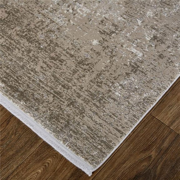 HomeRoots 512124 12 x 15 ft. Tan Ivory & Gray Abstract Power Loom Distressed Rectangle Area Rug with Fringe