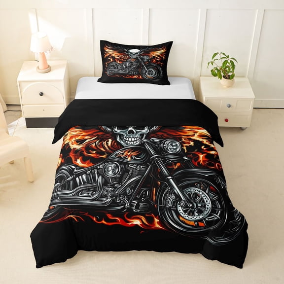 Castle Fairy Skull Motorcycle Twin Bedding for Adults, Flame Print Duvet Cover Set for Bedroom, Black Red,Black Reversible,2pcs,No Comforter