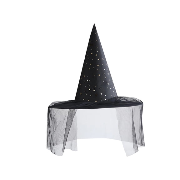 Silver Buckle Tulle Witch Hat Adult Women Halloween, Durable Oxford Cloth Pointed Wizard Hat Accessory for Halloween Masquerade and DIY Costume Matching Black B