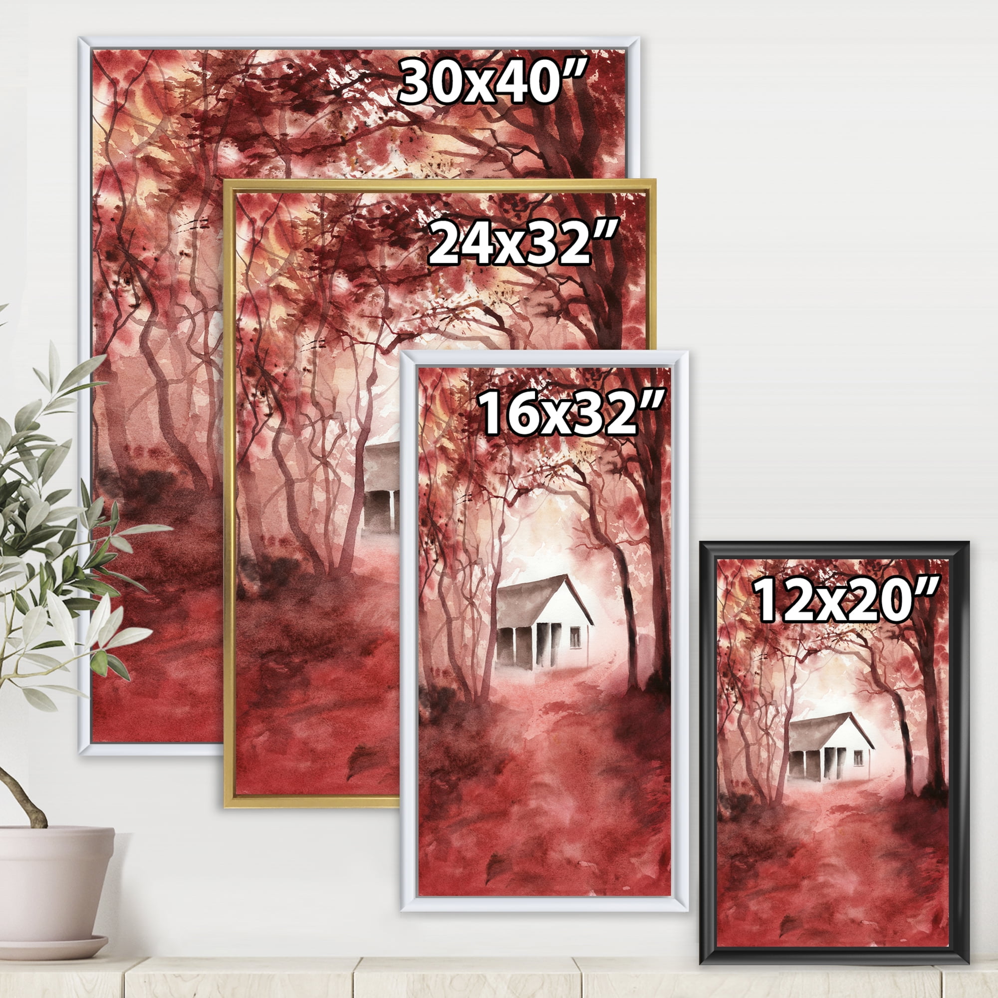 Red Autumn Woods and A House in Wild 24 in x 32 in Framed Painting Canvas Art Print, by Designart