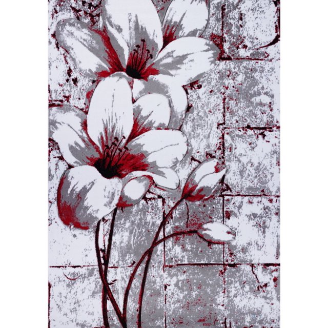 Ladole Rugs Beautiful Tulips Pattern Polypropylene Indoor Area Rug Carpet in Grey Red, 4x6 (3'11" x 5'7", 120cm x 170cm)