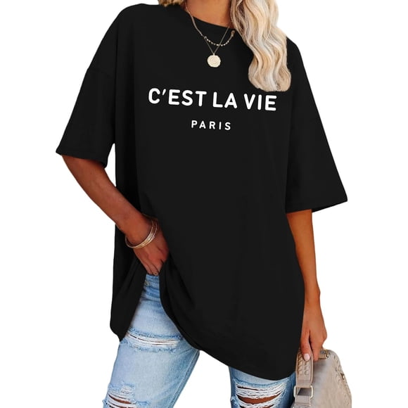 Tuislay T-Shirt Surdimensionné C'est la Vie pour Femmes T-Shirts Graphiques Paris Gym Entraînement T-Shirts Été Manches Courtes Hauts Amples Tenues