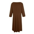 thumbnail image 4 of Huankd Dress for Women 3/4 Sleeve Crew Neck Pockets Vintage A-Line Swing Midi Dresses Brown M, 4 of 5