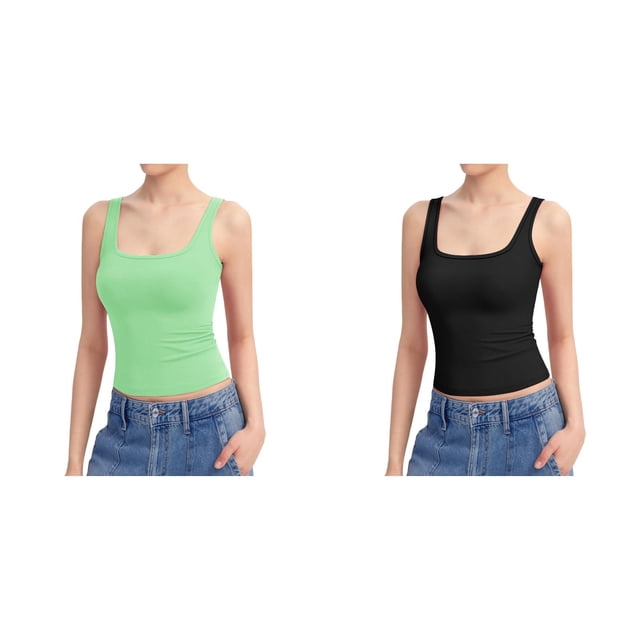 (2-Pack) Rinsvye Women's Square Neck Tank Camisole Bra Shelf Top Sleeveless Double Lined Crop Top Loose Top Basic Tops Collection