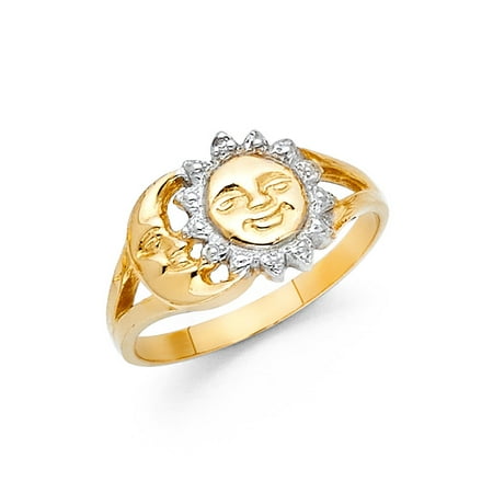 14K Solid Gold Sun and Moon Women Fancy Ring, Size