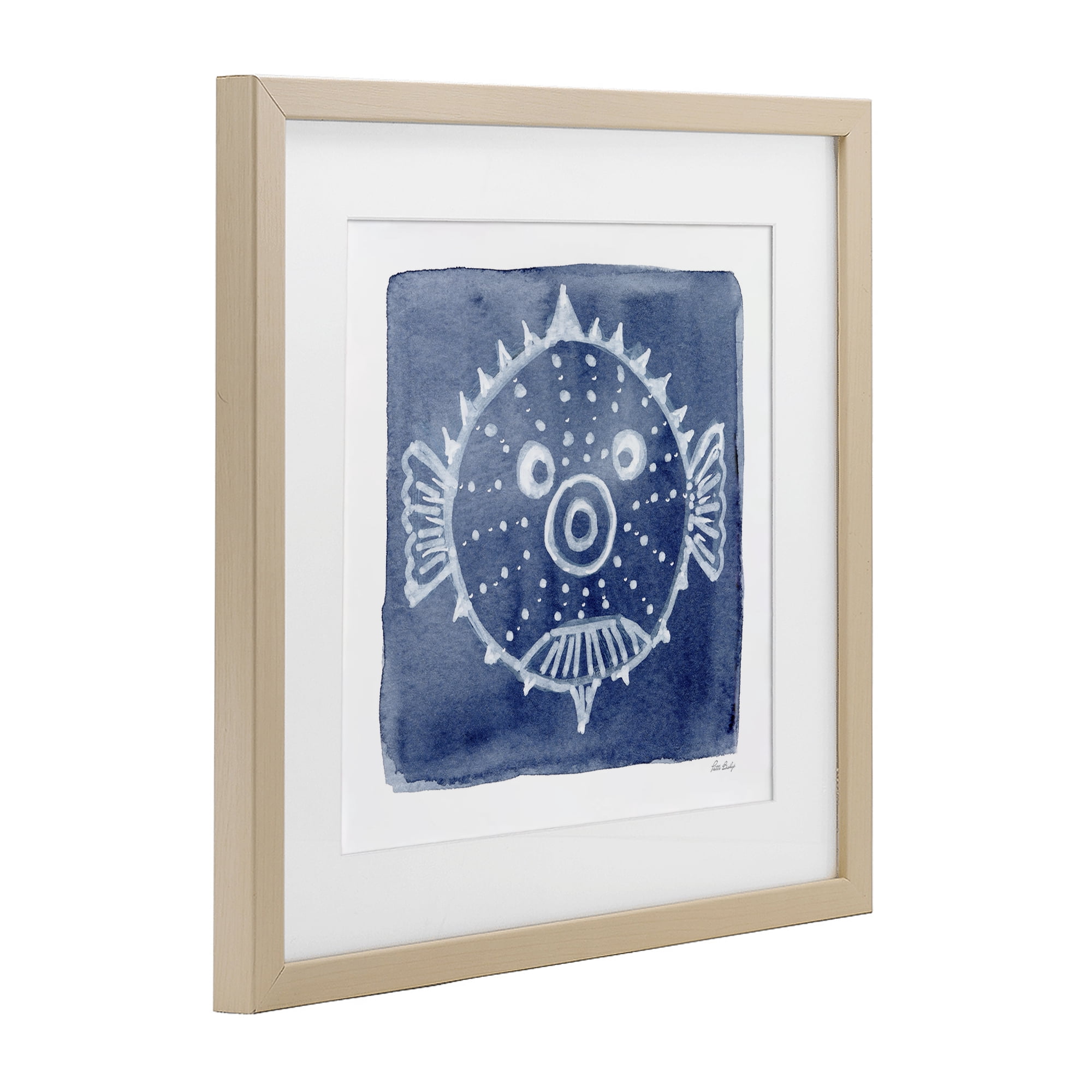 Stupell Industries White Blow Fish on Indigo Birch Framed Print Under Glass, design by Patti Bishop