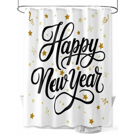 Fsddascl Happy New Years Shower Curtain Set - 72" x 78" Washable Bathtub Curtain with 12 Hooks, Winter Holiday Yellow Stars Ribbons Waterproof Fabric Stall Shower Curtains for Bathroom/Bathtub Décor