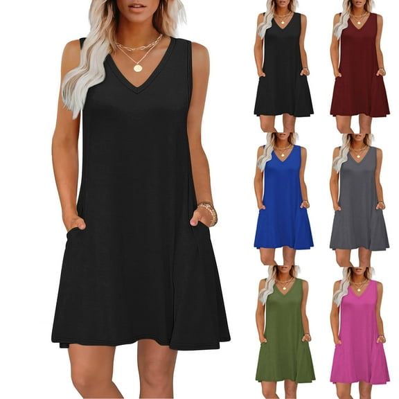 Akafmk Summer Dresses for Women Casual Dresses,Solid Color V-Neck Short Dress Sleeveless Tank Mini Dresses A Line Beach Sundress with Pockets